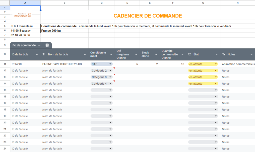 Cadencier de commande Google Sheets