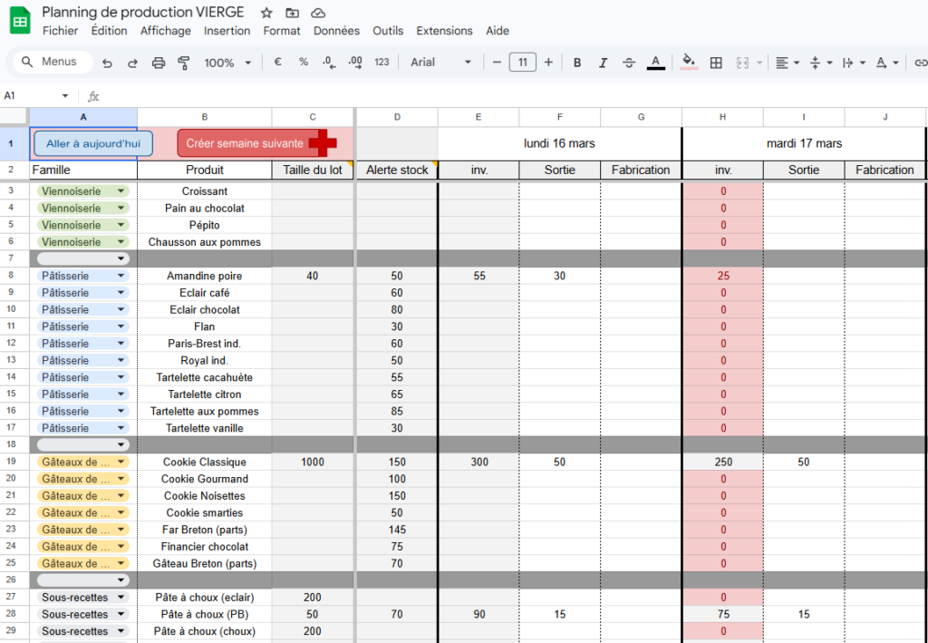 Planif de production Google Sheets